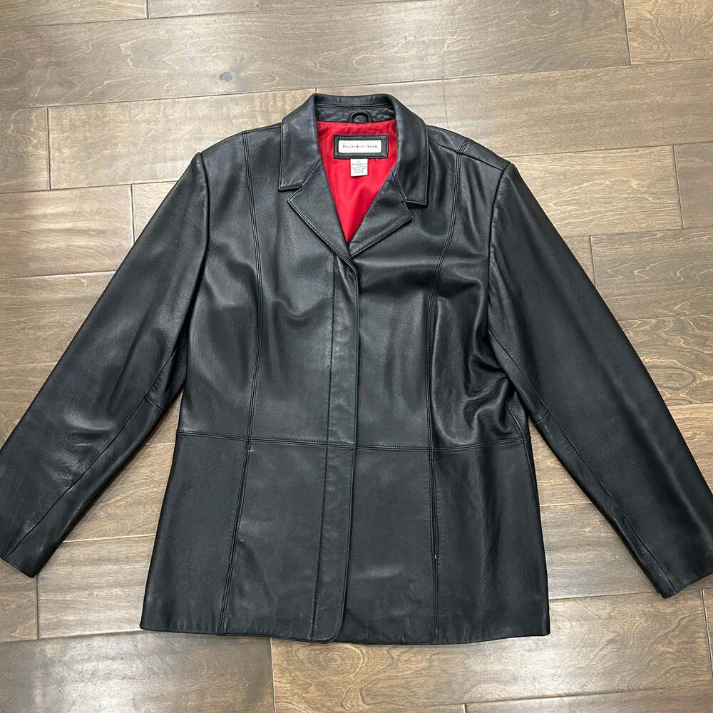 Preston‎ & York Black Lambskin Leather Collared Button Up Jacket L